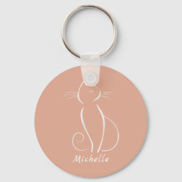 Porte-clés Minimaliste Chat Blanc Sur Rose Ajouter Nom Porte