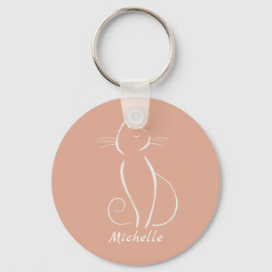 Porte-clés Minimaliste Chat Blanc Sur Rose Ajouter Nom Porte 
