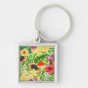 Porte-clés Mix-fruit tropical, fleurs et feuilles sur jaune