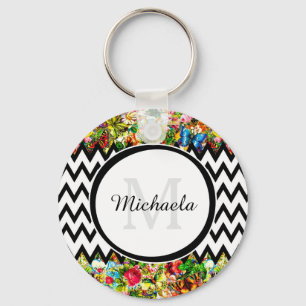 Porte-clés Mod Black Chevron Vintage Floral Monogramme et nom