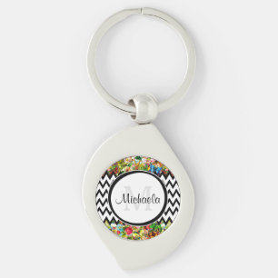 Porte-clés Mod Black Chevron Vintage Floral Monogramme et nom