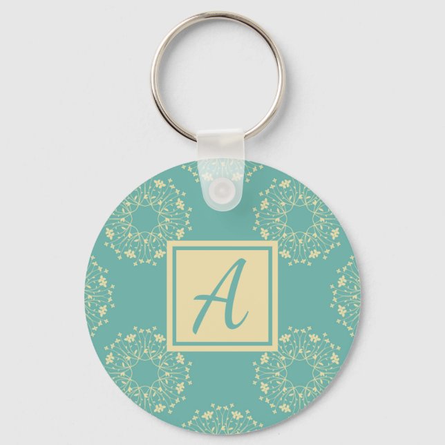 Porte-clés Modèle floral bleu monogramme personnalisé (Recto)
