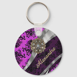 Porte-clés Modèle personnalisé joli magenta girly damask