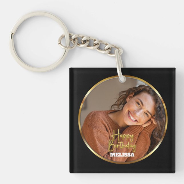 Porte-clés Modern Elegant Black & Gold Photo Name Birthday (Devant)
