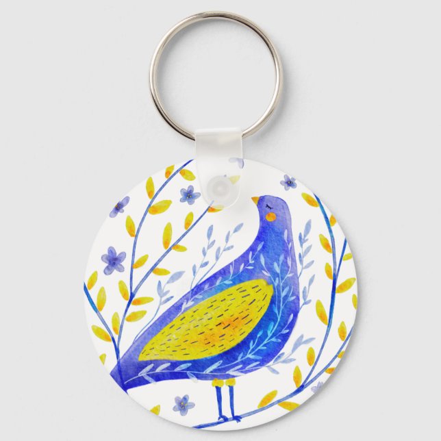 Porte-clés Modern Watercolor Blue and Yellow Bird Art (Recto)