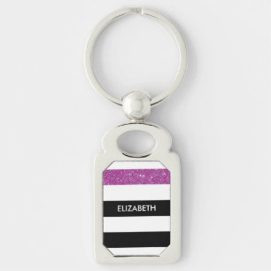 Porte-clés Moderne Black Stripes FAUX Purple Glitz et nom