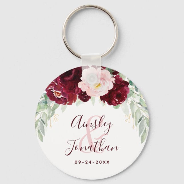Porte-clés Moderne Bourgogne Blush Floral Greenery Mariage (Recto)