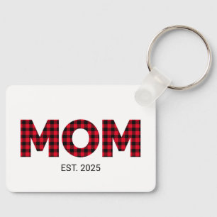 Porte-clés Moderne Buffalo Plaid Maman Etablie Date Photo