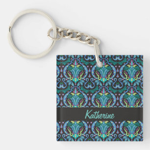 Porte-clés Moderne Damask Art Déco Noir Turquoise Bleu Nom