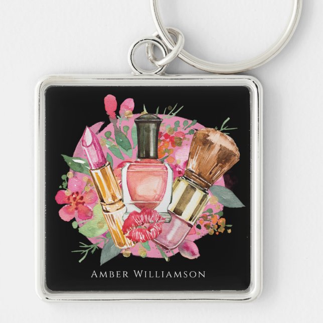 Porte-clés Moderne rose Aquarelle Maquillage Artiste Girly Ch (Devant)