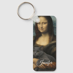 Porte-clés Mona Lisa tenant un élégant chat gris             