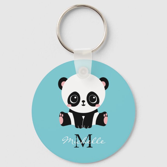 Porte-clés Monogram Cute Panda Personnalisé Bubble Gum Bleu (Recto)