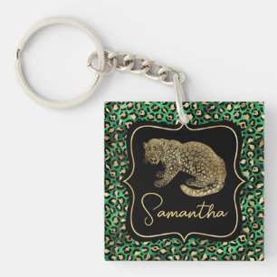 Porte-clés Monogramme Animalier Or Imprimé Léopard Vert Luxe