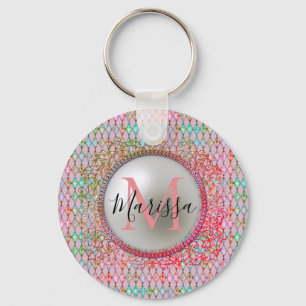 Porte-clés Monogramme Arlequin rose et vert