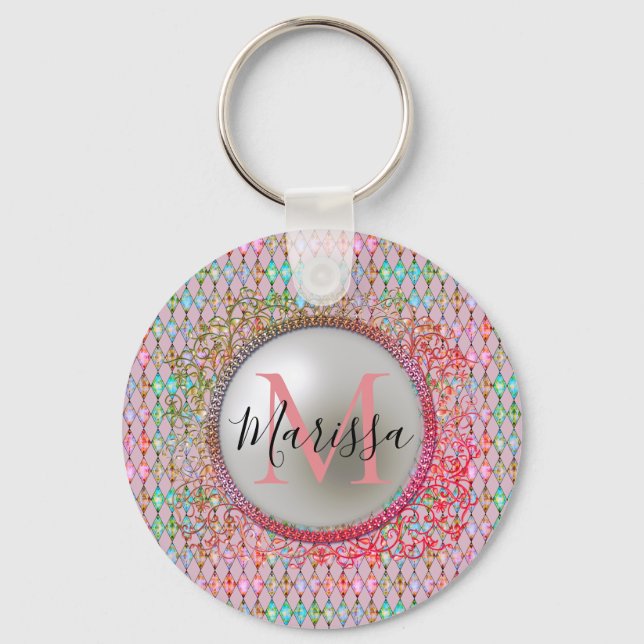 Porte-clés Monogramme Arlequin rose et vert (Recto)