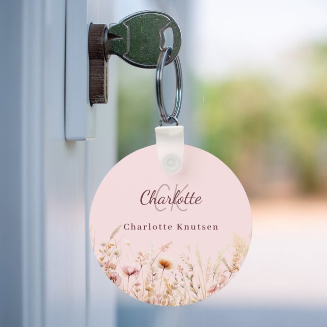 Porte-clés monogramme beige rose fleur sauvage (Créateur téléchargé)