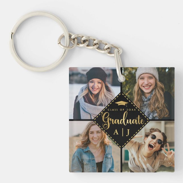 Porte-clés Monogramme Black Gold Photo Collage Graduation (Devant)