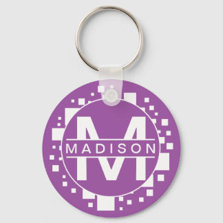 Porte-clés Monogramme Blanc violet Initiales Art Carré Cercle