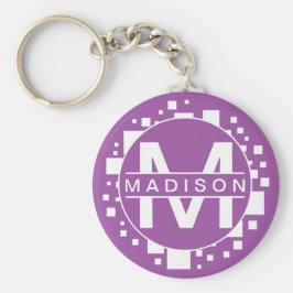 Porte-clés Monogramme Blanc violet Initiales Art Carré Cercle