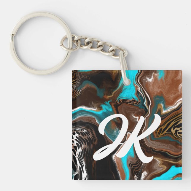 Porte-clés Monogramme Bleu, Brown et Noir Art Abstrait (Devant)