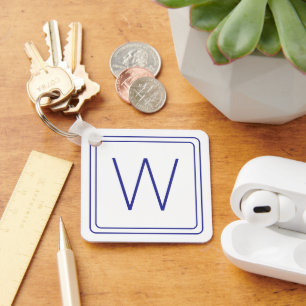 Porte-clés Monogramme bleu marine simple et blanc