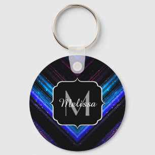Porte-clés Monogramme brillant bleu métallique violet chevron
