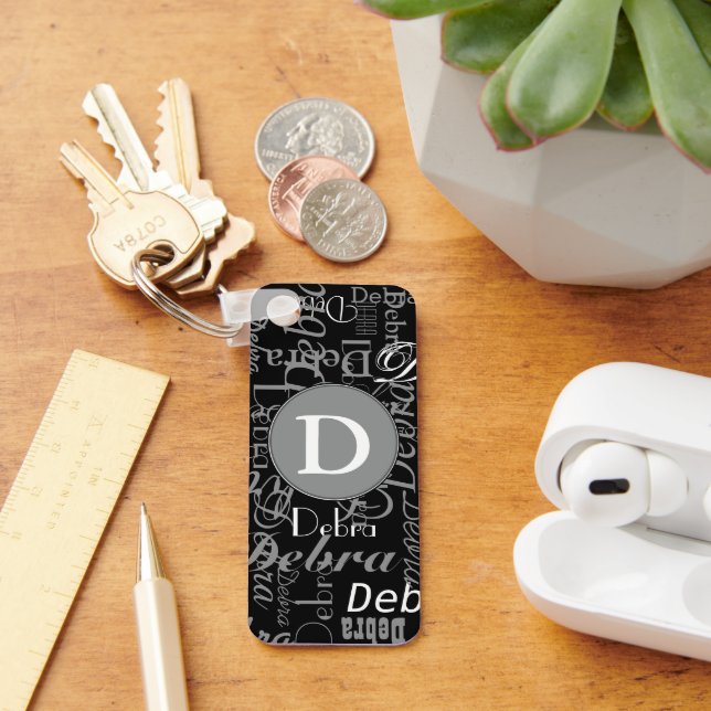 Porte-clés Monogramme circulaire noir et blanc personnalisé (Bureau)