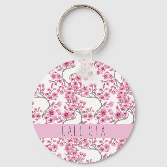 Porte-clés Monogramme d'aquarelle florale de fleurs de cerisi (Recto)