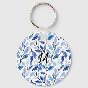 Porte-clés Monogramme d'art fin en mosaïque de feuilles bleue
