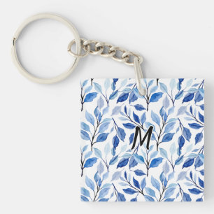 Porte-clés Monogramme d'art fin en mosaïque de feuilles bleue