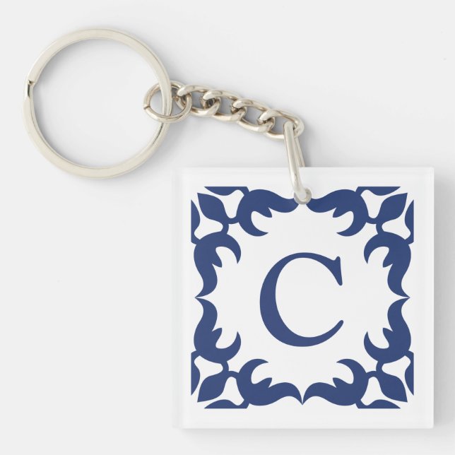 Porte-clés Monogramme de cadre bleu et blanc (Devant)