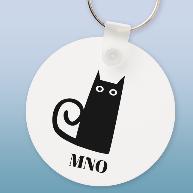 Porte-clés Monogramme de chat noir amusant (Monogram initials personalized fun black cat aluminium keyring keychain)