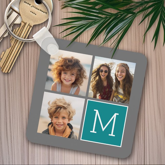 Porte-clés Monogramme de collection de photos Turquoise et gr (Personalized keychain - Photo Collage)
