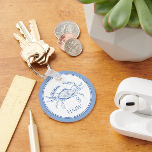 Porte-clés Monogramme de crabe bleu et blanc côtier
