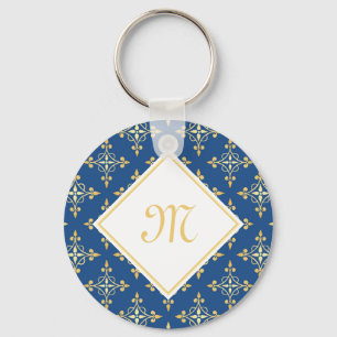 Porte-clés Monogramme de luxe Blue et Gold Quatre Floral