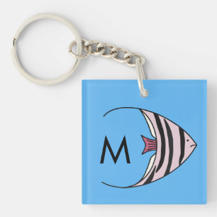 Porte-clés monogramme de motif de poisson bleu