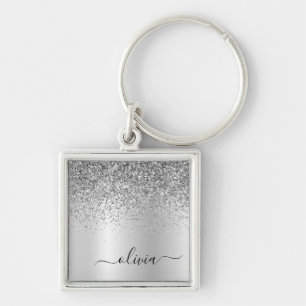 Porte-clés Monogramme de nom en métal glamour pailleté argent
