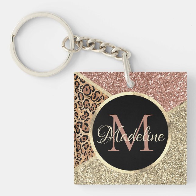 Porte-clés Monogramme de Parties scintillant de léopard Rose  (Devant)