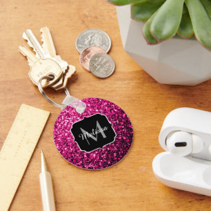 Porte-clés Monogramme de parties scintillant rose chaud