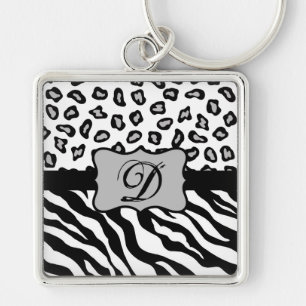 Porte-clés Monogramme de peau de léopard blanc noir