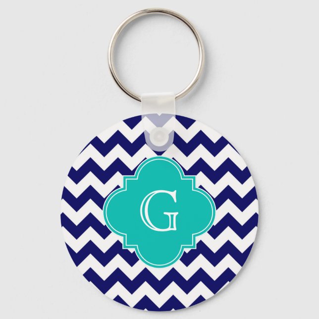 Porte-clés Monogramme de Quatrefoil Turquoise de Chevron ZigZ (Recto)