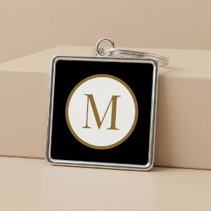 Porte-clés Monogramme de sceau central personnalisé noir et o