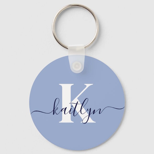 Porte-clés Monogramme de script bleu moderne (Recto)