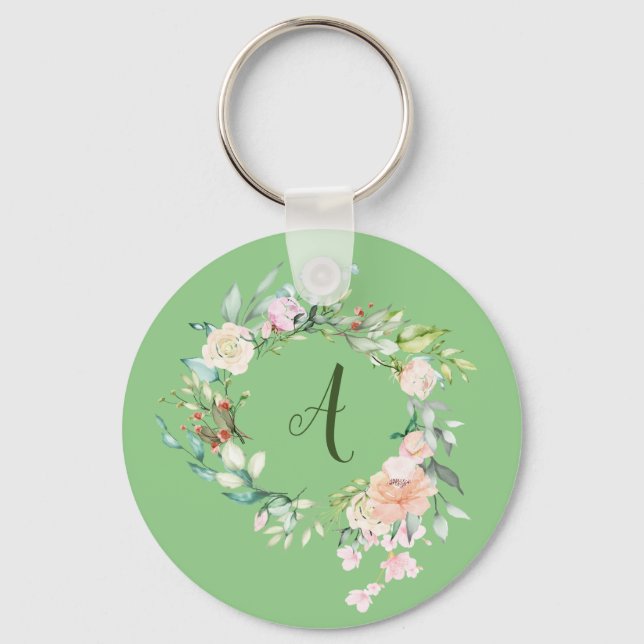 Porte-clés Monogramme de script de guirlande de rose (Recto)