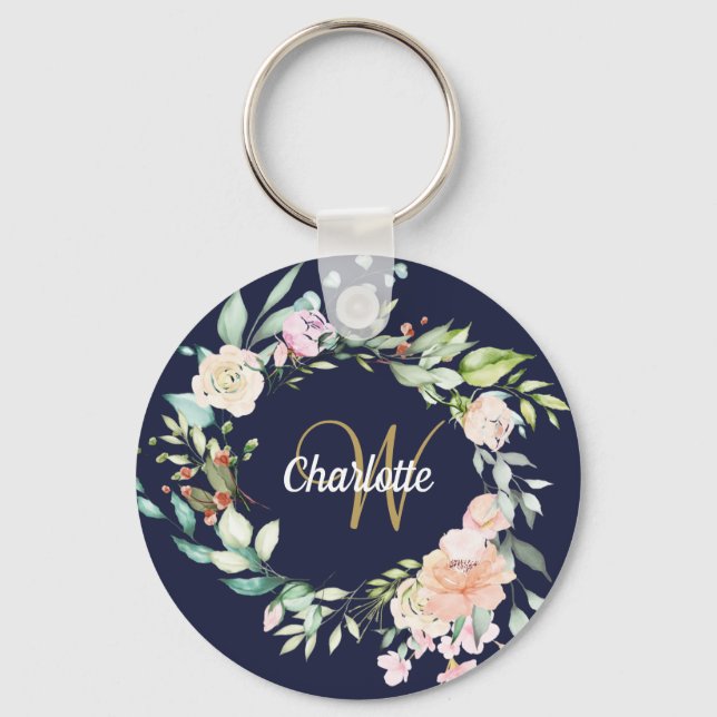 Porte-clés Monogramme de script doré Roses florales bleu mari (Recto)