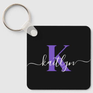Porte-clés Monogramme de script moderne violet noir