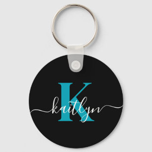 Porte-clés Monogramme de script sarcelle noir moderne