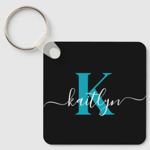 Porte-clés Monogramme de script sarcelle noir moderne