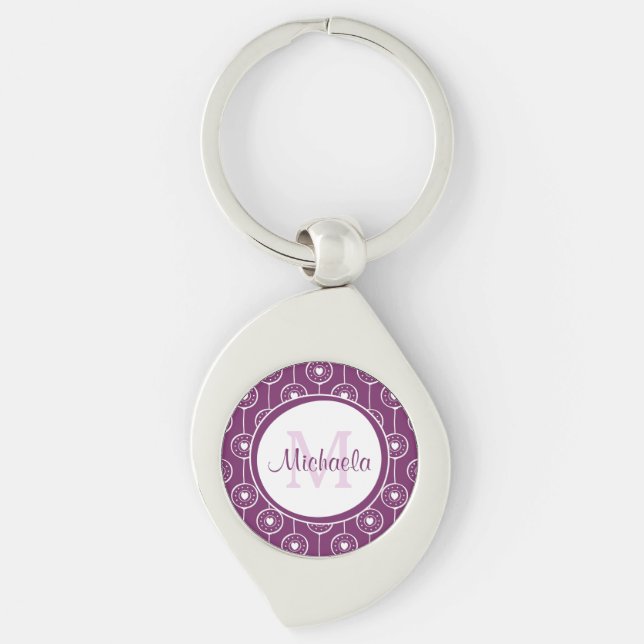 Porte-clés Monogramme élégant au coeur violet et blanc avec n (Devant)