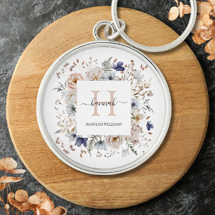 Porte-clés Monogramme Élégant Jolies Fleurs Florales Beige Bl